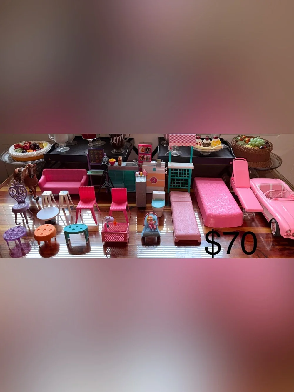 Barbie Pink and Teal Dollhouse Furniture & Car Set